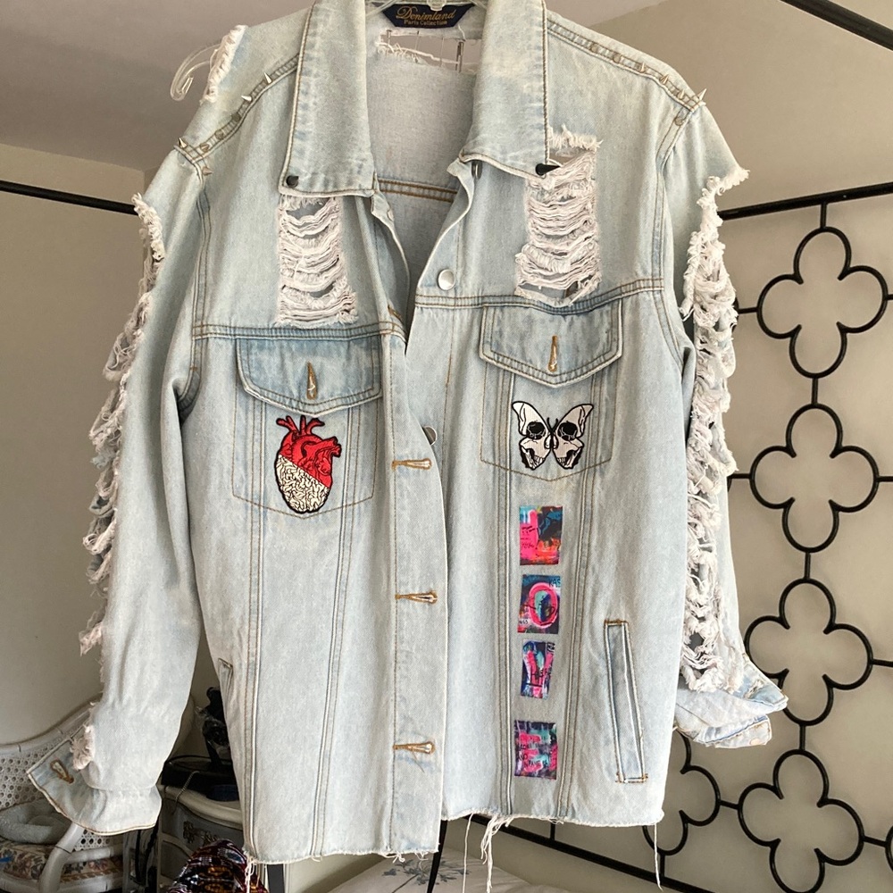 Distressed OOAK Upcycled Blue Denim Jacket with Patches